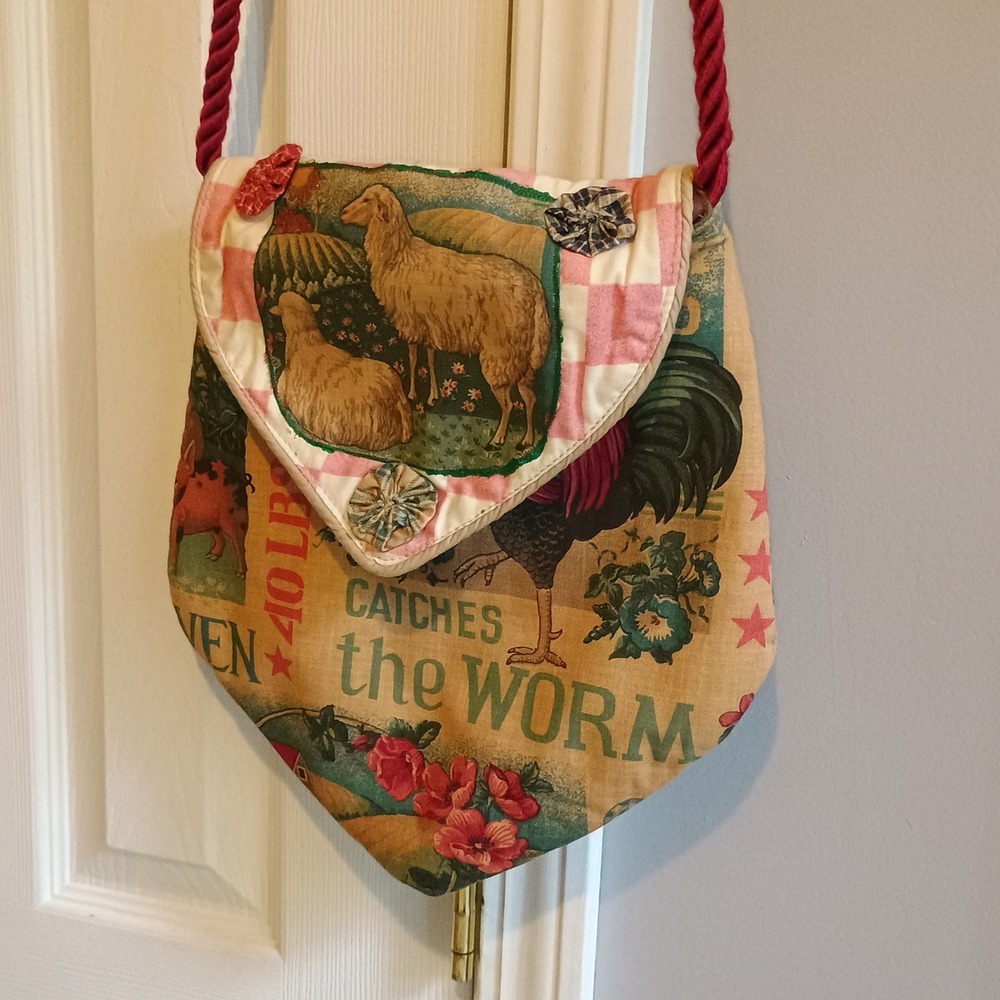 Vintage Handmade‎ Farmhouse Feed Sack Print Shoulder Bag Rustic Barnyard Animals - Picture 2 of 13